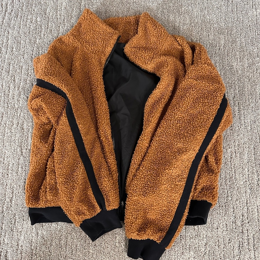 Cozy Brown Sherpa Jacket with Black Accents